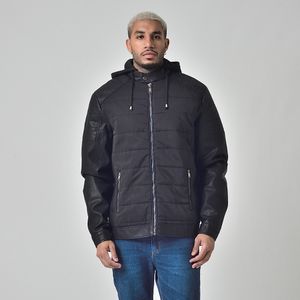 Jaqueta Masculino PU Com Capuz Moletom Removível Preto