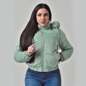 Jaqueta Feminina de Camurça Texturizada com Capuz Removível e Pelinhos Verde