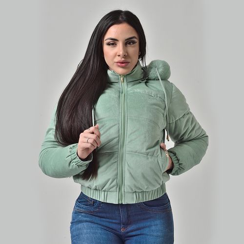 Jaqueta Feminina de Camurça Texturizada com Capuz Removível e Pelinhos Verde