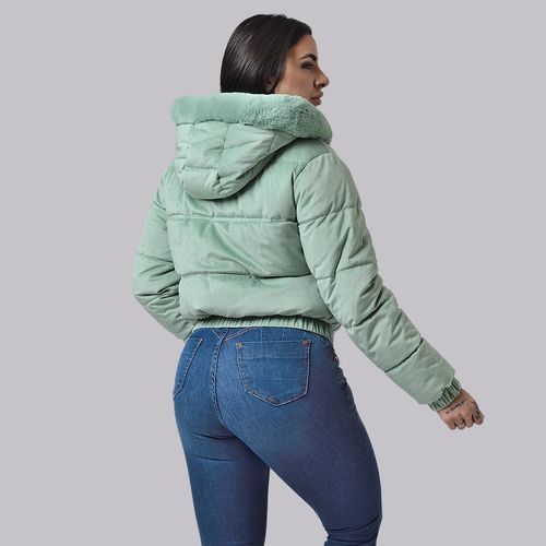 Jaqueta Feminina de Camurça Texturizada com Capuz Removível e Pelinhos Verde