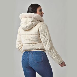 Jaqueta Camurça Texturizada Feminina Capuz Removível Com Pelinhos Off White