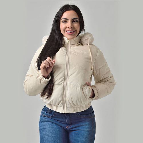 Jaqueta Feminina de Camurça Texturizada com Capuz Removível e Pelinhos Off White