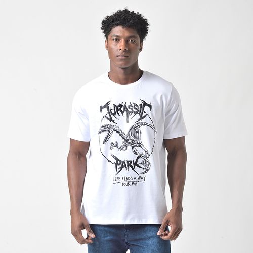 Camiseta Masculina Jurassic Park Branca Estampa Esqueleto Tour 1993