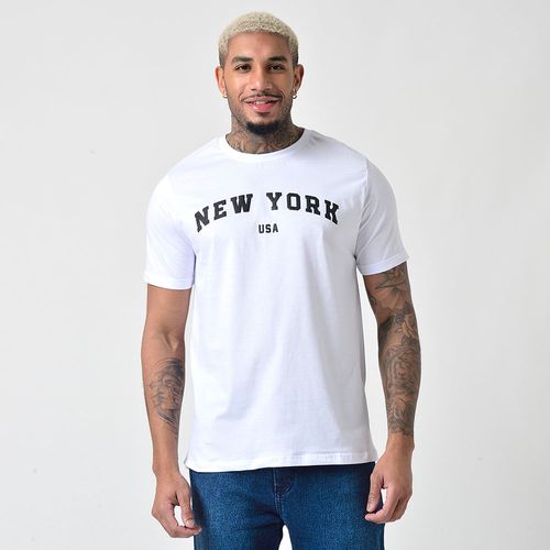 Camiseta Masculina Manga Curta Estampada New York USA Branca