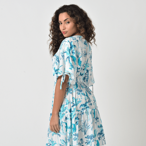 Vestido Curto Feminino Abotoável com Elástico Franzido na Cintura Estampado Azul