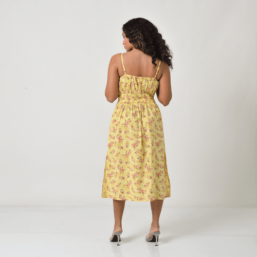 Vestido Midi Feminino Mini Decote e Elastico na Cintura Estampado